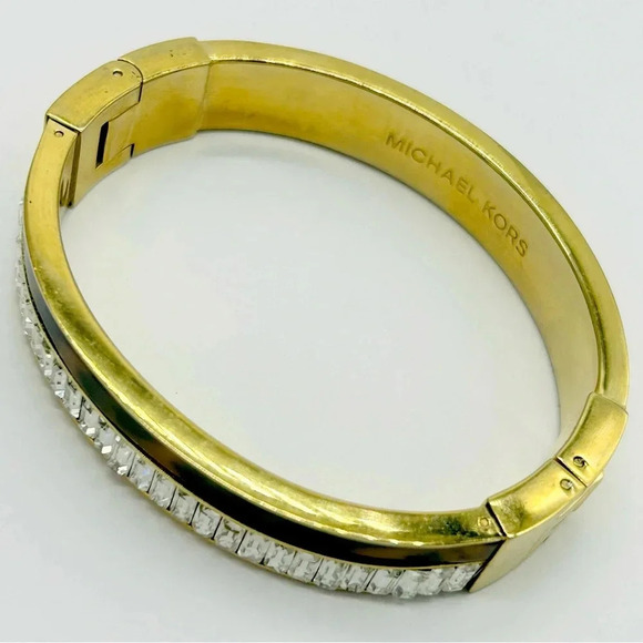 Michael Kors Tortoise and Crystal Baguette Hinged Gold Tone Bangle Bracelet - Picture 3 of 5